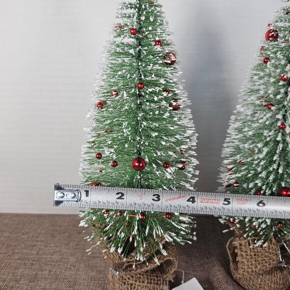 2 Holiday Style 11" Green Bottle Brush Trees With White Tips & Red Bead Garland - Picture 7 of 9